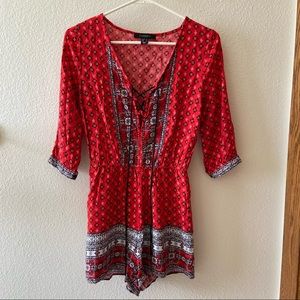 Red Printed Lace Up Romper